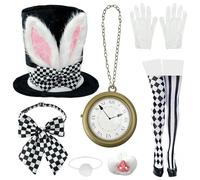 KEAGAN Set di 7 costumi da coniglio bianco per adulti, con cappello a cilindro, orologio oversize, naso e coda da coniglio, cappellaio matto per Halloween