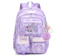 KEBEIXUAN Zaino per la scuola elementare, per la scuola elementare, zaino per bambini per la prima e la quarta classe, 26 l, leggero e impermeabile, con ciondolo a forma di coniglio, Lilla, groß