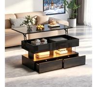 Kebnor 100 x 50 x 46 cm, tavolino da caffè sollevabile, con piano regolabile in altezza e spazio nascosto, tavolino lucido con LED, tavolino da caffè con 2 cassetti, nero, MDF + acrilico