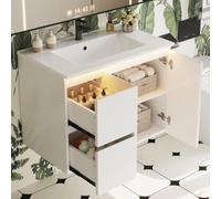 Kebnor 76 x 47 x 57 cm, lavabo a parete, completamente laccato, luce LED con sensore radar, cerniere soft-close, lavabo integrato, bianco.