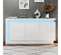 Kebnor Credenza, cassettiera per camera da letto, soggiorno, tavolino con 3 cassetti, armadio con ripiani regolabili e 2 ante, lucido, con LED, bianco, 140 x 35 x 72 cm