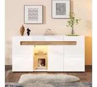 Kebnor Credenza moderna a 3 porte, controllo luce LED, armadio soggiorno con controllo app, mobili lucidi, 140 x 40 x 70 cm, bianco con fondo in vetro, armadio