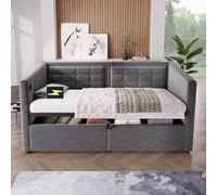 Kebnor Divano letto imbottito 90 x 190 cm, divano letto singolo con spazio idraulico e stazione di ricarica USB e tipo C, letto per gli ospiti con rete in legno, grigio, velluto, senza materasso.