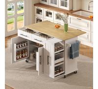 Kebnor Isola cucina con Drop Leaf Storage Cart con 3 animali Pull Out Cabinet Organizer, Rack Internal Storage Rack, Rolling Cart su ruote con portasciugamani e 2 cassetti per sala da pranzo, bianco