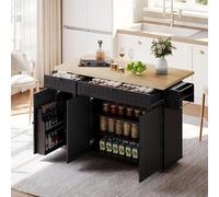 Kebnor Isola della cucina con piano di lavoro pieghevole, armadio da cucina su 6 ruote bloccabili, con ripiano, scaffalatura, 2 grandi cassetti e armadietto, 137 x 89,5 x 45 cm (nero)