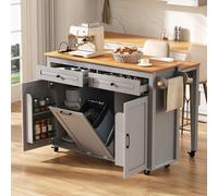 Kebnor Isola della cucina su ruote, zona pranzo allungabile con piano di lavoro e scomparto per il contenitore dei rifiuti, isola della cucina mobile autoportante con prese, ideale per cucina e sala