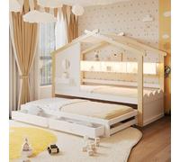 Kebnor Lettino 90 x 200 cm, con letto estraibile 90 x 190, design a forma di casa, con due cassetti, con porte di ricarica USB e tipo C e LED, con ripiani, letto multifunzione (bianco + colori legno