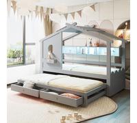 Kebnor Lettino 90 x 200 cm, con letto estraibile 90 x 190, design a forma di casa, con due cassetti, con porte di ricarica USB e tipo C e LED, con ripiani, letto multifunzione (grigio)