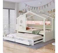 Kebnor Lettino 90 x 200 cm, con letto estraibile 90 x 190, design a forma di casa, con due cassetti, con porte di ricarica USB e tipo C e LED, con ripiani, letto multifunzione (bianco)