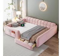 Kebnor Lettino imbottito per bambini con cassetto e luce notturna, 140 x 200 cm, struttura in velluto con porta di ricarica, ringhiera di sicurezza elevata e testiera del divano