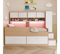 Kebnor Lettino in legno per bambini 90 × 200 cm, con vano portaoggetti, armadietto e semplice scaletta da arrampicata, con illuminazione a LED, telaio per lettino con ringhiera di sicurezza (colore