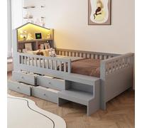 Kebnor Lettino per bambini 90 x 200 cm, con griglia di sicurezza, con quattro cassetti, con luci a LED, con porte di ricarica USB e tipo C, letto in legno massiccio con rete a doghe, letto singolo