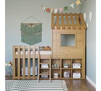 Kebnor Lettino per bambini 90 x 200 cm, con tetto e finestra, con spazio aperto, con scaletta, in legno massello (senza materasso) (colore legno)