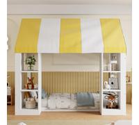 Kebnor Lettino per bambini in stile rustico, 90 x 200 cm, con baldacchino, spazio frontale aperto e telaio in legno, bianco