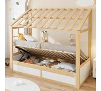 Kebnor Lettino per bambini in stile rustico, 90 x 200 cm, con tetto, finestra, spazio idraulico e scomparti laterali, colore legno + bianco