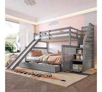 Kebnor Letto a castello con cassetti, spazio di archiviazione e scivolo multifunzionale, 90 x 200 oltre 140 x 200 (grigio)