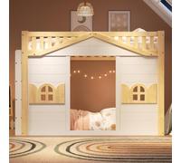 Kebnor Letto a castello, letto a soppalco per bambini, in legno, 90 x 200 cm, a forma di finestra, utilizzabile anche come letto o come area di attività, bianco e colore naturale