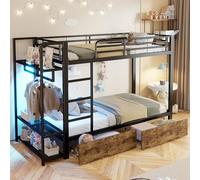 Kebnor Letto a castello, telaio in ferro, 2 cassetti, diversi ripiani, con barra luminosa a LED, con barra appendiabiti, materasso non incluso (nero, 90 x 200 cm)