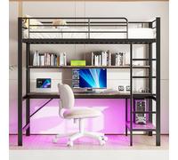 Kebnor Letto a soppalco, 90 x 200 cm, ringhiera, scaletta, con USB e presa di corrente, con luci LED, scrivania, ripiano multilivello, senza materasso, metallo, nero