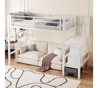 Kebnor Letto a soppalco, 90 x 200 cm, ripiani, scala di stoccaggio, spazio libero sotto il letto, per travestimento, ringhiere, senza materasso, bianco