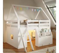 Kebnor Letto a soppalco a forma di casa con scale, illuminazione a LED, scatole portaoggetti con coperchio a ribalta e tasche in tessuto, bianco