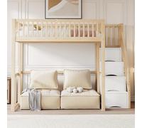 Kebnor Letto a soppalco con scala di sicurezza e ripiani, struttura per letto in legno di pino massello per bambini e adolescenti (colore legno+bianco (140x200 cm))