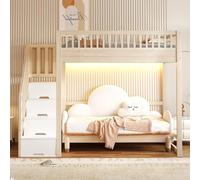 Kebnor Letto a soppalco con scala di sicurezza, ringhiera di sicurezza, telaio del letto in legno di pino massiccio, striscia luminosa a LED, scala di sicurezza sostituibile su entrambi i lati