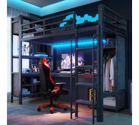 Kebnor Letto a soppalco con scrivania, guardaroba, ripiani, illuminazione a LED, prese a norma europea e ringhiera di alta sicurezza, stile gaming, nero, 90 x 200 cm