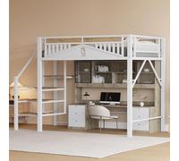 Kebnor Letto a soppalco in metallo, bordo di sicurezza unico con finestra, con scala di sicurezza, spazio sufficiente sotto il letto per rivestimento in tessuto libero (bianco, 140 x 200 cm)