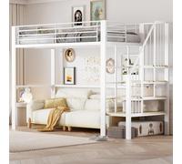 Kebnor Letto a soppalco stabile struttura in metallo con ampio spazio sotto il letto e le scale, ideale per bambini e adulti per la massima efficienza dello spazio (bianco, 90 x 200 cm)