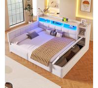 Kebnor Letto giornaliero, divano letto, 140 × 190 cm, con due cassetti, porte USB e tipo C, vano portaoggetti, panca all'estremità del piede, striscia luminosa a LED, senza materasso, velluto (bianco)