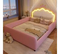 Kebnor Letto imbottito, 140 x 190 cm, senza materasso, con barra luminosa a LED, letto da principessa a forma di corona, griglia di sicurezza, PU, rosa