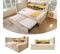 Kebnor Letto imbottito 90 x 200 cm con letto estraibile 90 x 190 cm e illuminazione a LED, testiera a forma di L con vano portaoggetti, montaggio su entrambi i lati, rete a doghe, lino (senza