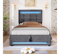 Kebnor Letto imbottito, 90 x 200 cm, striscia luminosa ambiente sotto il letto, stoccaggio idraulico, lino (senza materasso) (grigio)
