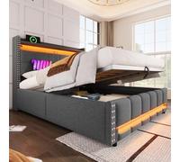 Kebnor Letto imbottito con illuminazione a LED e USB, testiera con ripiani e archiviazione, idraulica per conservazione, letto doppio, tessuto di lino grigio (140 x