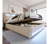 Kebnor, letto imbottito con testiera, ripiani integrati e spazio di archiviazione, con idraulica per il sollevamento, letto matrimoniale per adulti, tessuto di lino (beige, 180 * 200 cm)
