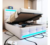 Kebnor Letto imbottito idraulico, con USB e striscia luminosa a LED che cambia colore, letto singolo in lino (senza materasso) (beige, 90 x 200 cm)