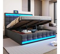 Kebnor Letto imbottito idraulico, con USB e striscia luminosa a LED che cambia colore, letto singolo in lino (senza materasso) (grigio, 180 x 200 cm)