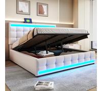 Kebnor Letto imbottito idraulico, con USB e striscia luminosa a LED che cambia colore, letto singolo in lino (senza materasso) (beige, 180 x 200 cm)