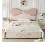 Kebnor Letto imbottito idraulico, matrimoniale, testiera regolabile, papillon, testiera imbottita, letto con rete a doghe in metallo, struttura moderna con vano portaoggetti, velluto, beige+rosa, 140