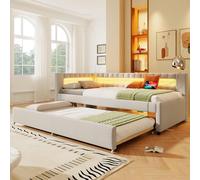 Kebnor Letto imbottito, letto con barra luminosa a LED all'estremità del letto, letto con letto estraibile USB + Type-C, lino (senza materasso) (beige, 90 x 200 cm)