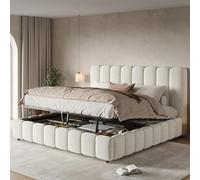 Kebnor Letto imbottito, letto matrimoniale, funzionale idraulico, letto con rete a doghe, testiera e ampio spazio di archiviazione, testiera imbottita, bianco bouclé (180 x 200 cm)