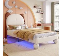Kebnor Letto imbottito, letto singolo, letto per bambini, testa a orecchie di gatto, striscia luminosa a LED regolabile sotto il letto, doghe stabili, PU, beige + marrone giallo, 90 x 200 cm