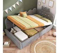 Kebnor Letto imbottito per il giorno, divano letto con vano portaoggetti (idraulico), in velluto a forma di L, con design a griglia, senza materasso (grigio, 90 x 200 cm)