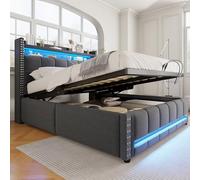 Kebnor Letto imbottito, testiera con ripiani e spazio di archiviazione, con idraulica per la conservazione, letto per adulti doppio, tessuto di lino (grigio, 160 x 200 cm)