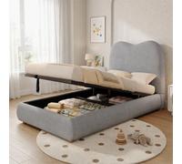 Kebnor Letto singolo imbottito, 90 x 200 cm, letto funzionale idraulico, letto con rete a doghe, testiera e grande capienza, testiera imbottita, lino (grigio)