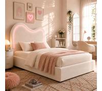 Kebnor Letto singolo imbottito, 90 x 200 cm, letto funzionale idraulico, letto con rete a doghe, testiera e ampio spazio per riporre oggetti, testiera imbottita, velluto, beige
