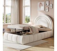 Kebnor Letto singolo imbottito, 90 x 200 cm, letto funzionale idraulico, letto con rete a doghe, testiera e grande capienza, testiera imbottita (velluto, beige)