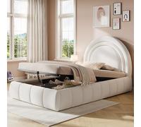 Kebnor Letto singolo imbottito, 90 x 200 cm, letto funzionale idraulico, letto con rete a doghe, testiera e grande capienza, testiera imbottita (bou eige)