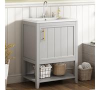 Kebnor Mobile da bagno singolo, 60 cm, con lavabo in ceramica, con ripiano (grigio chiaro)